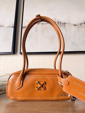 Off-White Caramel Leather Mini Shoulder Bag with Gold Hardware